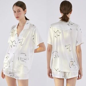 NOT JUST PAJAMA Dream 100% Silk Picasso Face Print PJ Shirt \\ S